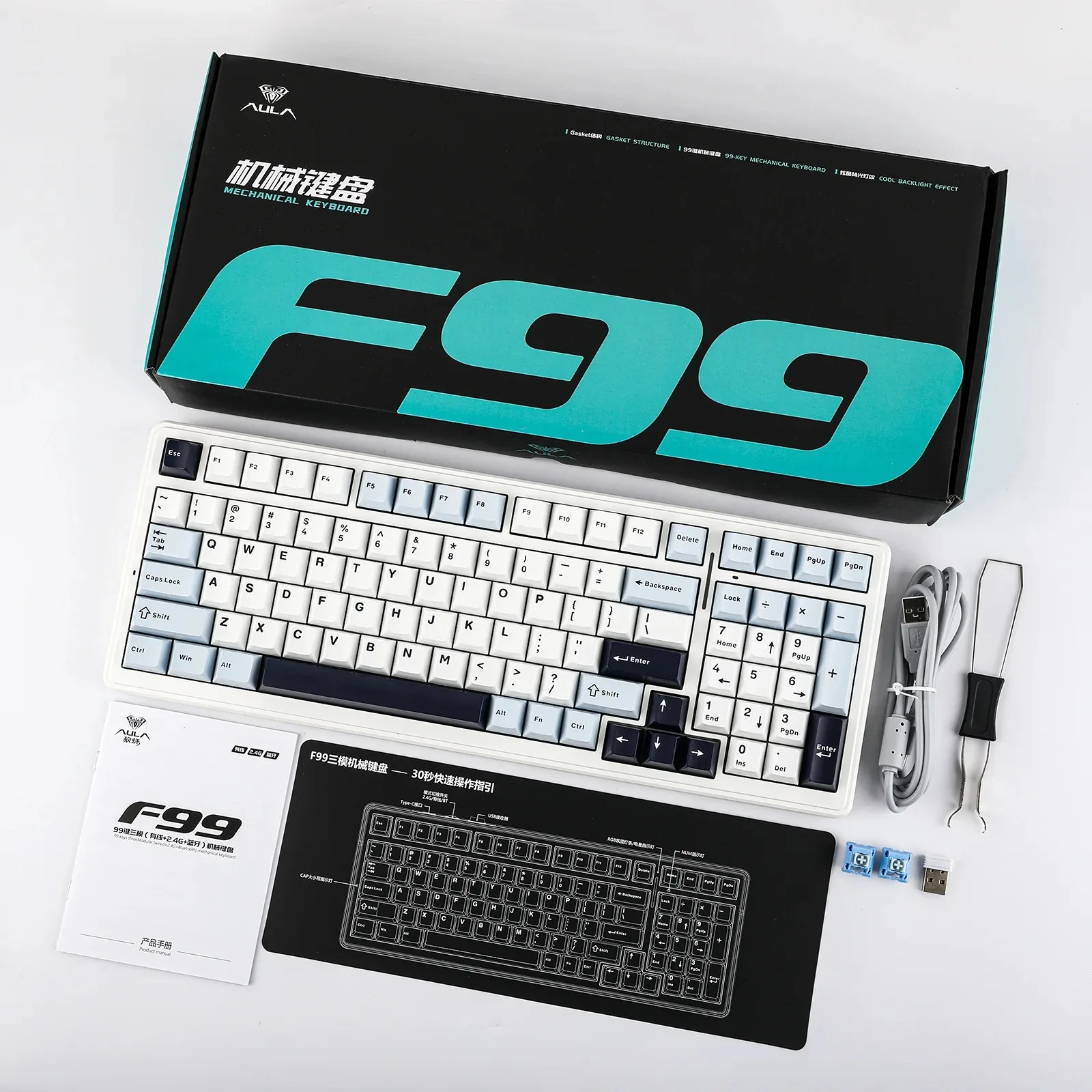 Perifericos Teclado Inalambrico Aula F99 White Blue Purple Switch GrayWood Gamer Mecanico BT