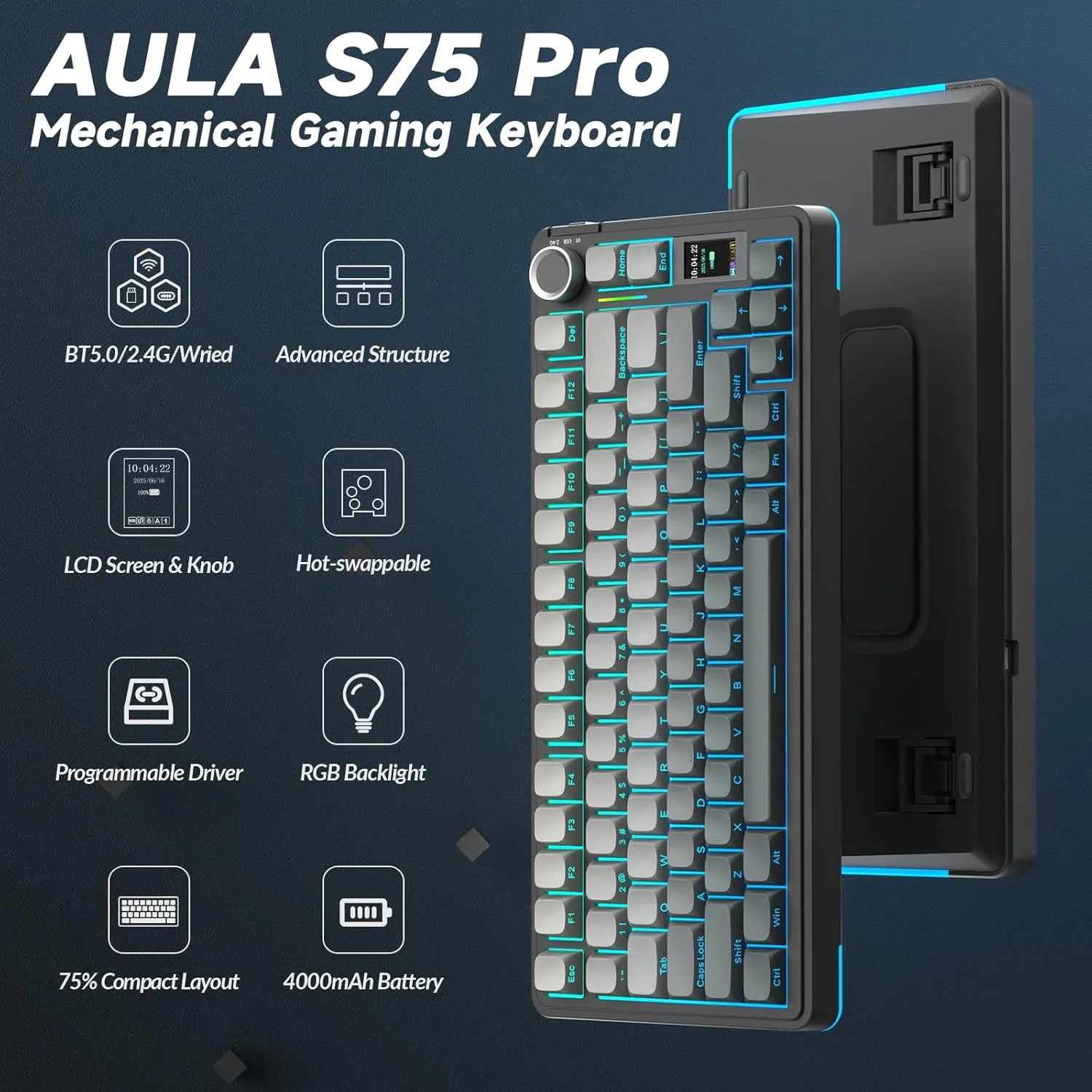 Perifericos Teclado Inalambrico Aula Wind S75 Pro Gradient Gray Switch Seiya Gamer Mecanico BT