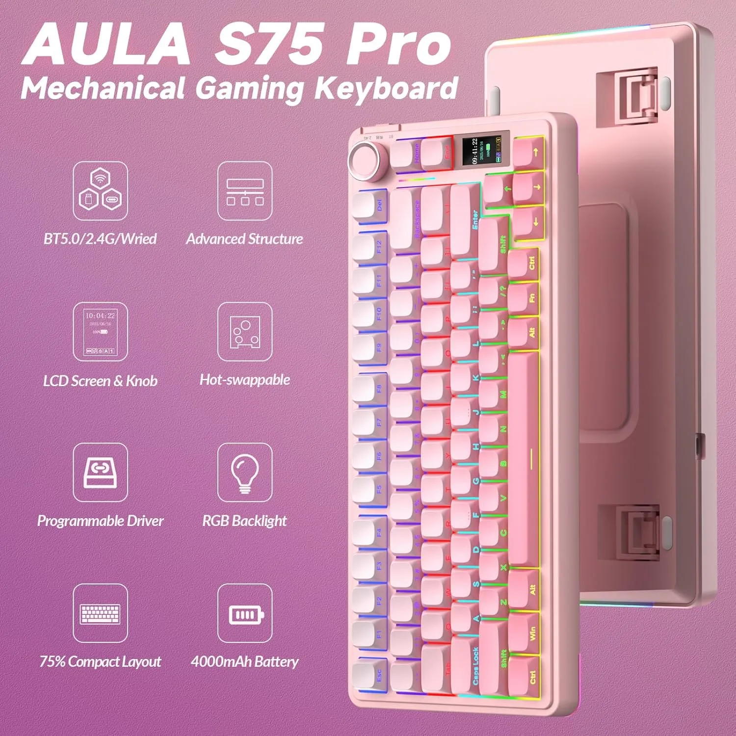 Perifericos Teclado Inalambrico Aula Wind S75 Pro Pink Switch Graywood  V3 Gamer Mecanico BT