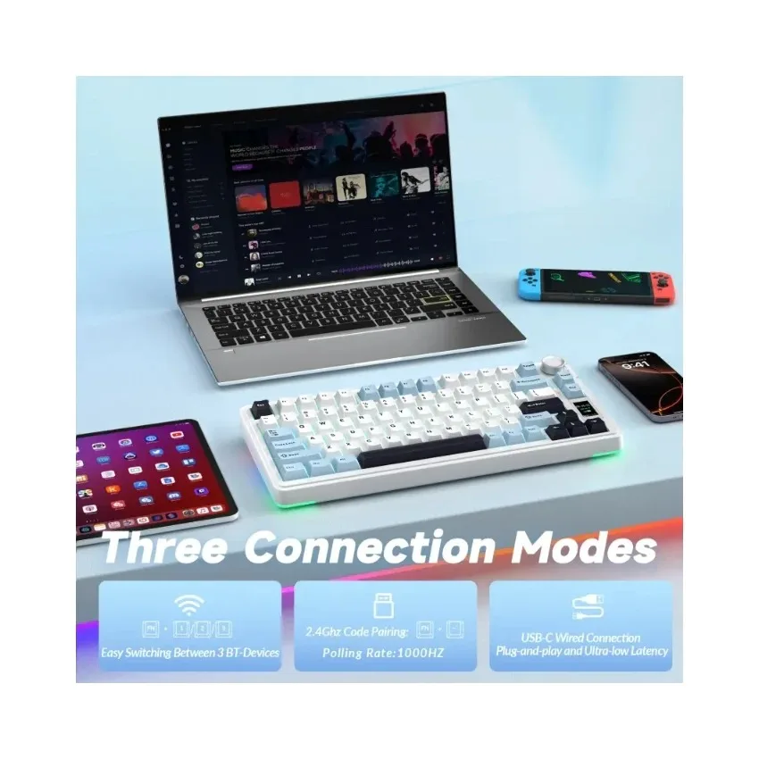 Perifericos Teclado Inalambrico Aula Wind S75 Pro Light Blue White Black Purple Switch Seiya Gamer Magnetico BT