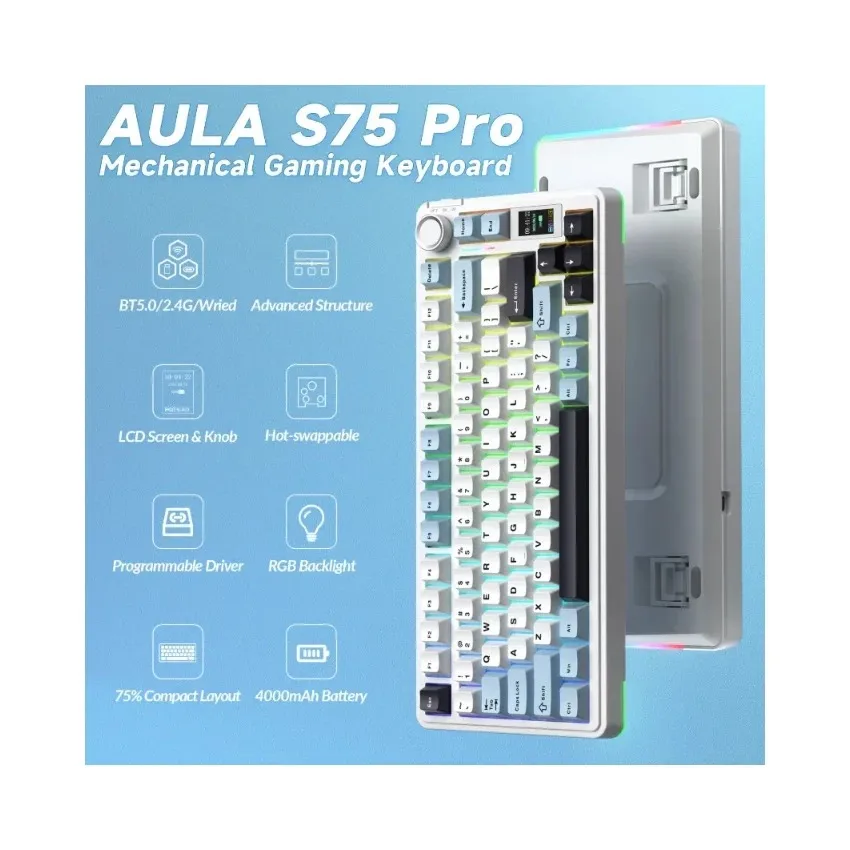 Perifericos Teclado Inalambrico Aula Wind S75 Pro Light Blue White Black Purple Switch Seiya Gamer Magnetico BT