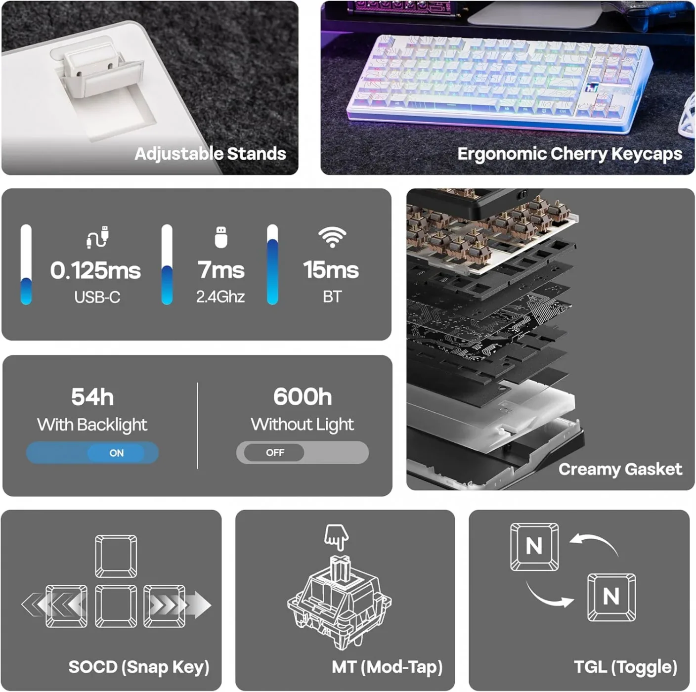 Perifericos Teclado Inalambrico Aula F87 Pro V2 White + White Contour Switch Star Vector Gamer Mecanico