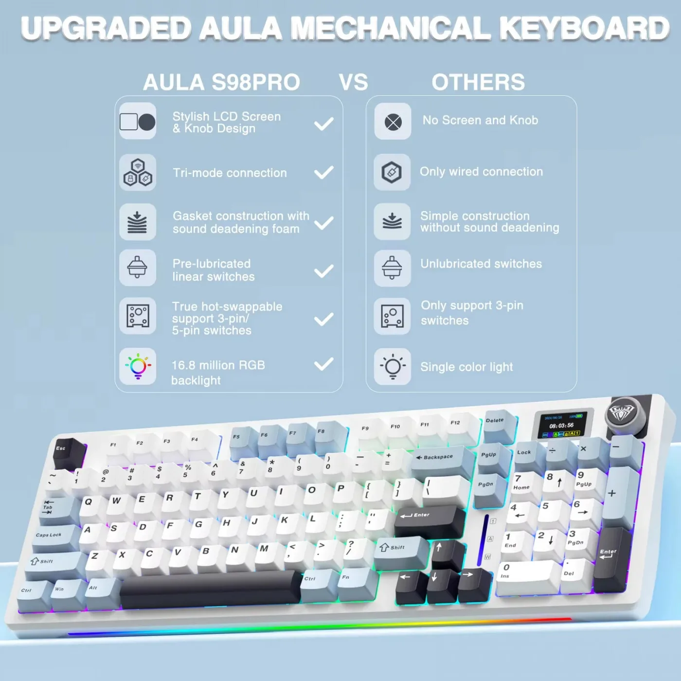 Perifericos Teclado Inalambrico Aula S98 Pro White + Blue Switch Star Vector Gamer Mecanico BT