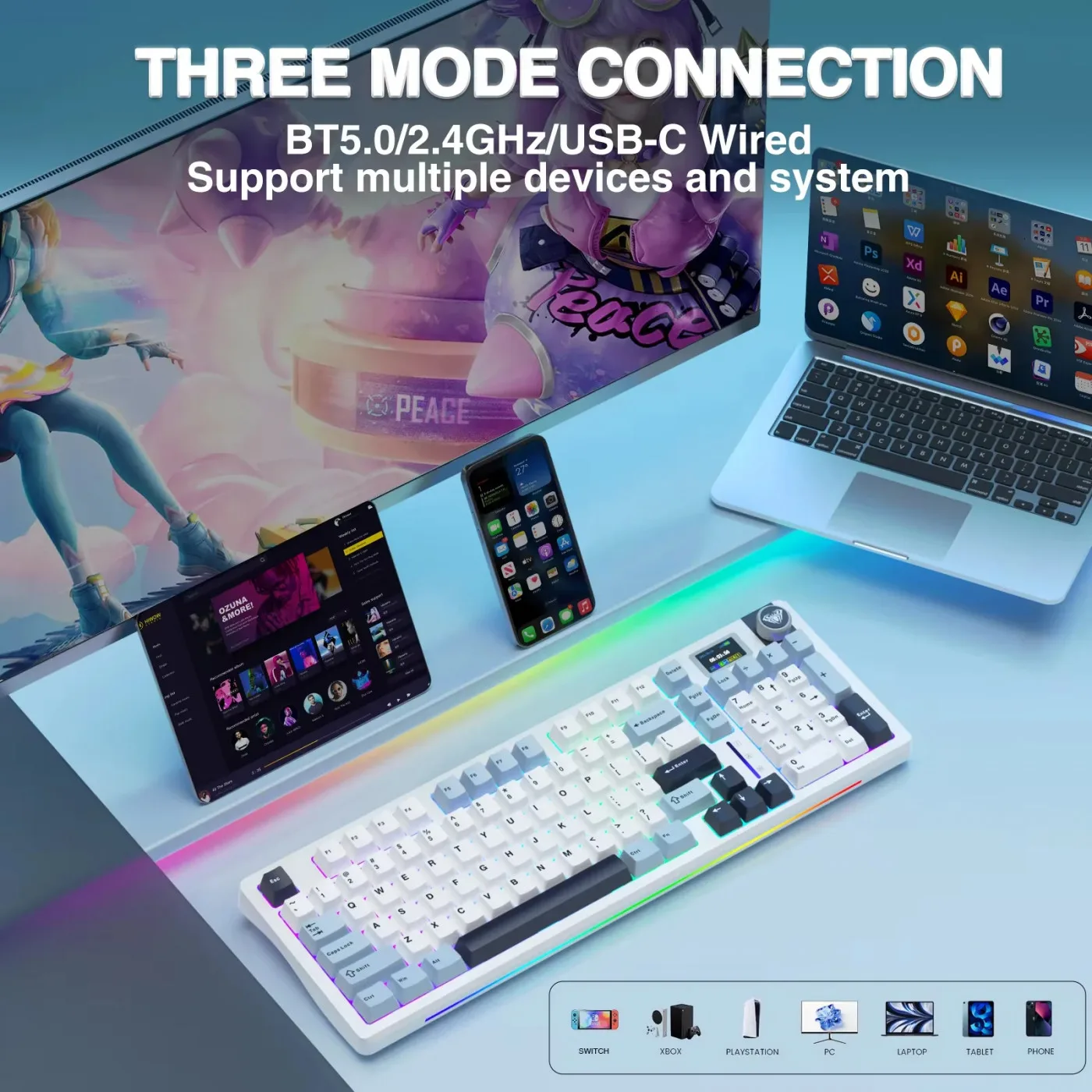 Perifericos Teclado Inalambrico Aula S98 Pro White + Blue Switch Star Vector Gamer Mecanico BT