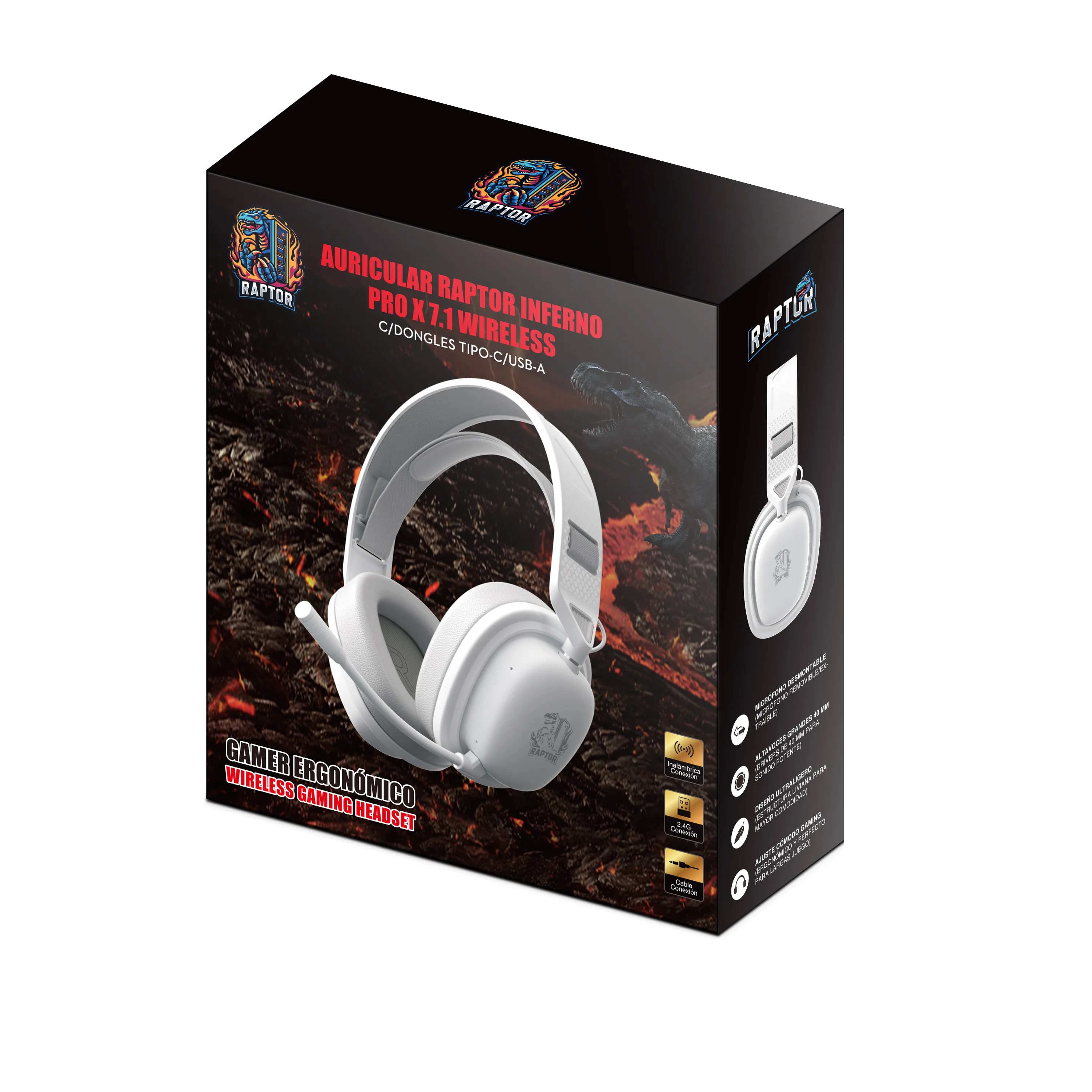 Perifericos Auricular Raptor Inferno PRO X 7.1 Wireless White RAP-AURI-RGB-WIRELESS-DONGLE-7.1-WH