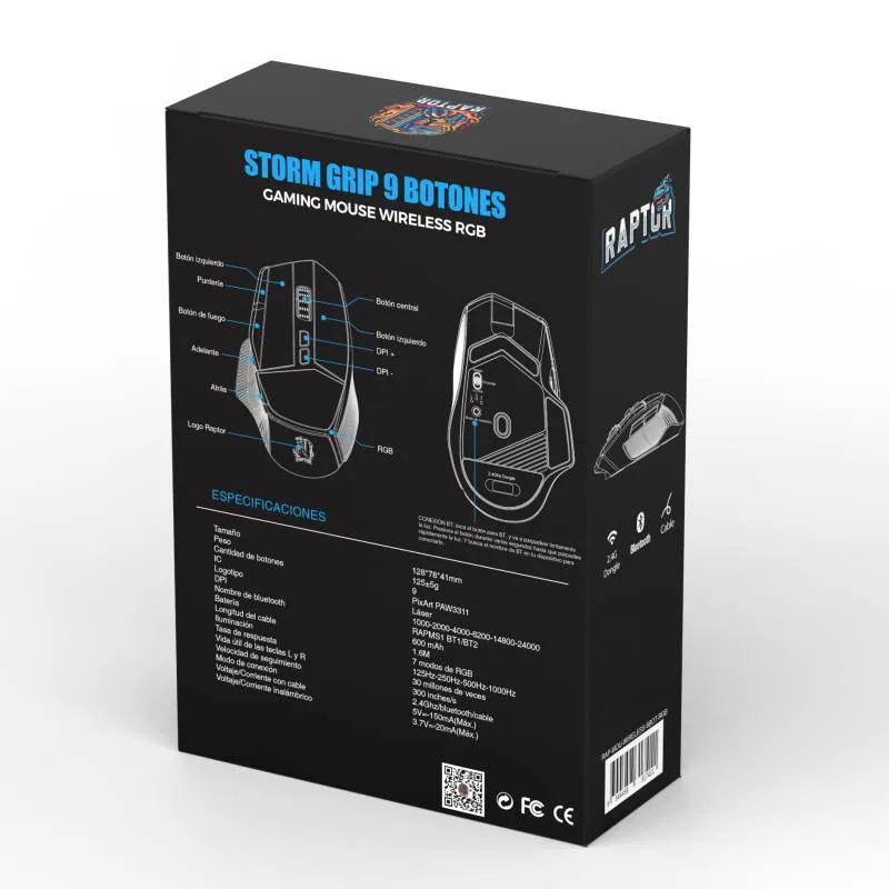 Perifericos Mouse Inalambrico Raptor Storm Grip 9 Botones Gamer RAP-MOU-WIRELESS-9BOT-RGB