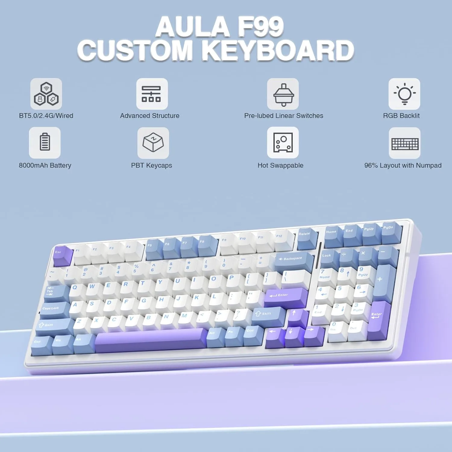 Perifericos Teclado Inalambrico Aula F99 White Blue Purple Switch GrayWood Gamer Mecanico BT