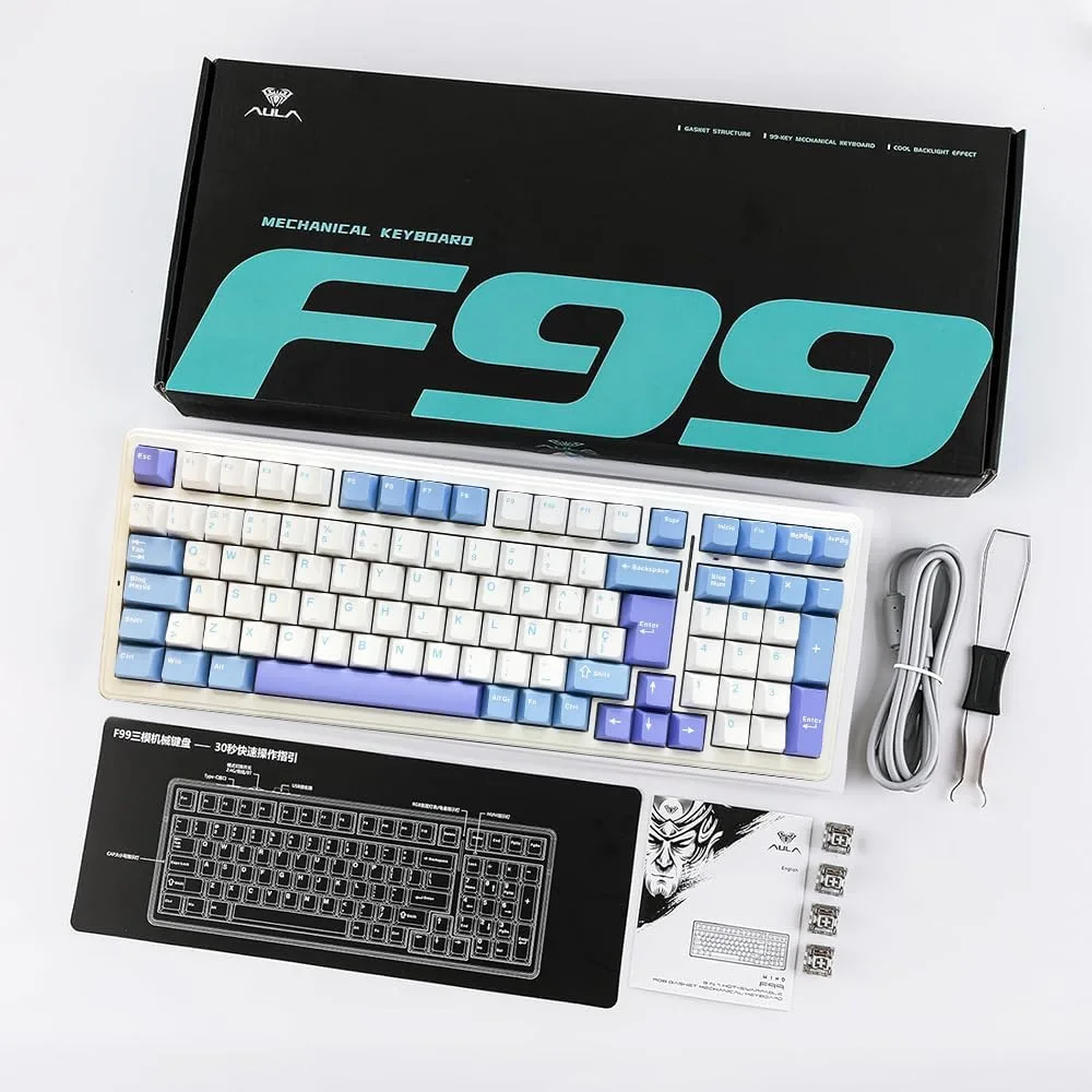 Perifericos Teclado Inalambrico Aula F99 White Blue Purple Switch GrayWood Gamer Mecanico BT