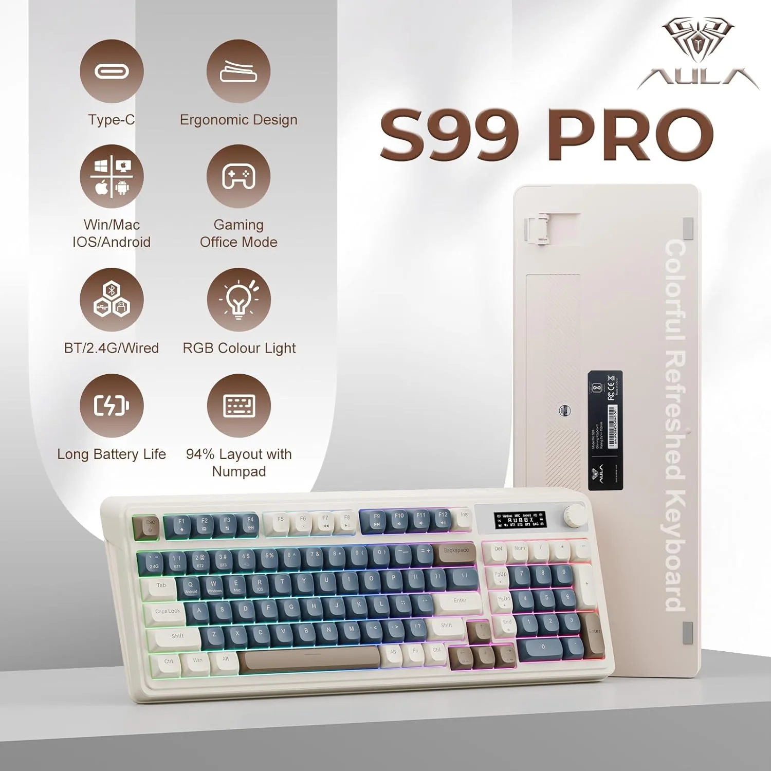 Perifericos Teclado Inalambrico Aula S99 Pro Light Cream + Navy + Brown Gamer BT