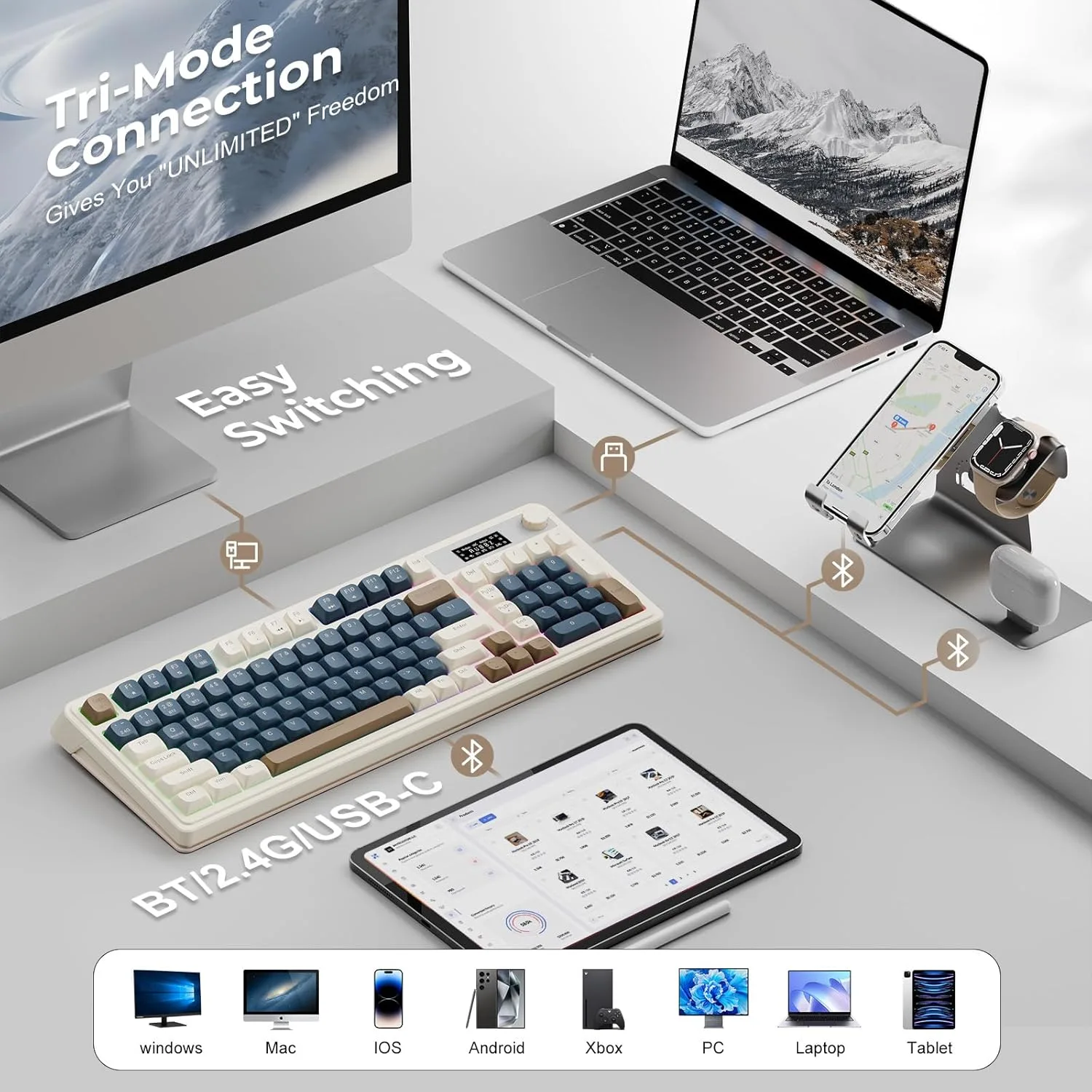 Perifericos Teclado Inalambrico Aula S99 Pro Light Cream + Navy + Brown Gamer BT