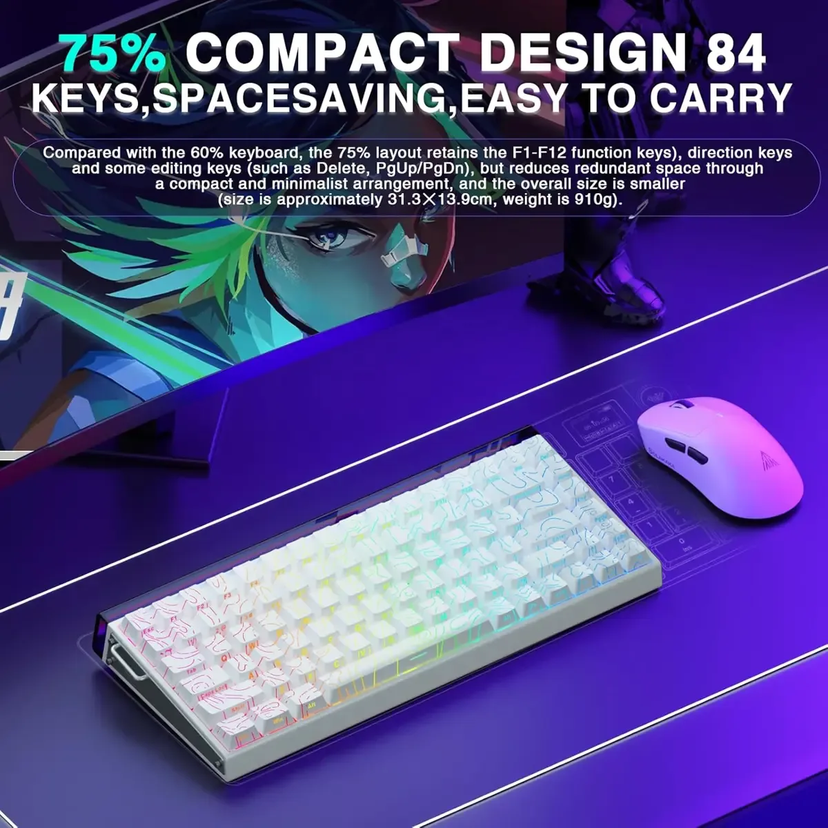 Perifericos Teclado USB Aula Hero 84HE White + Black Switch King Gamer Magnetico