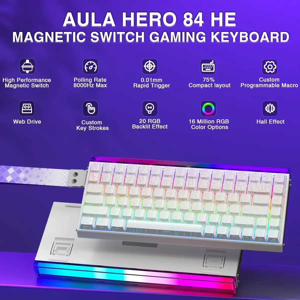 Perifericos Teclado USB Aula Hero 84HE White + Black Switch King Gamer Magnetico