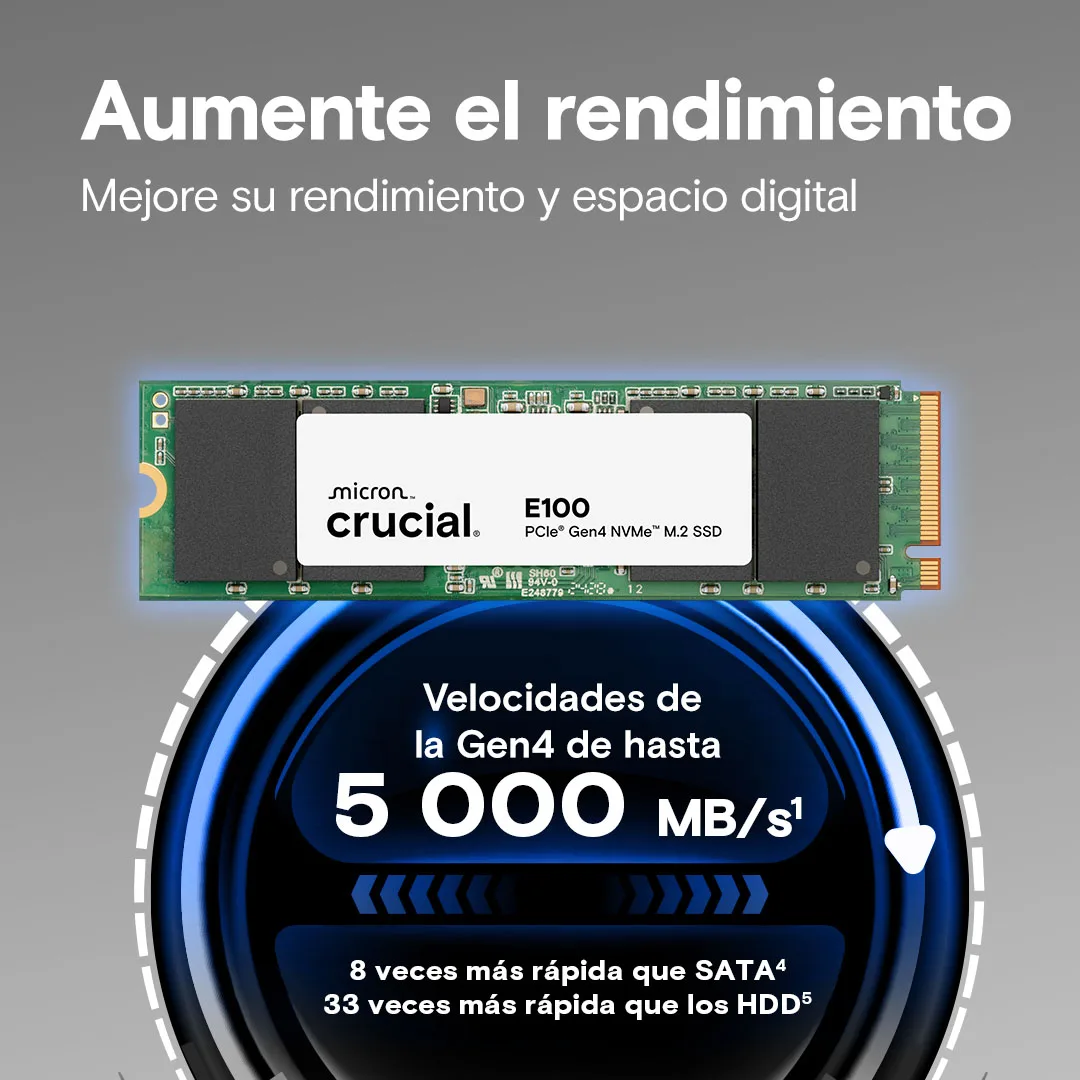 Almacenamiento Disco Solido SSD NVMe Crucial 2TB E100 PCIe 4.0 M.2 CT2000E100SSD8