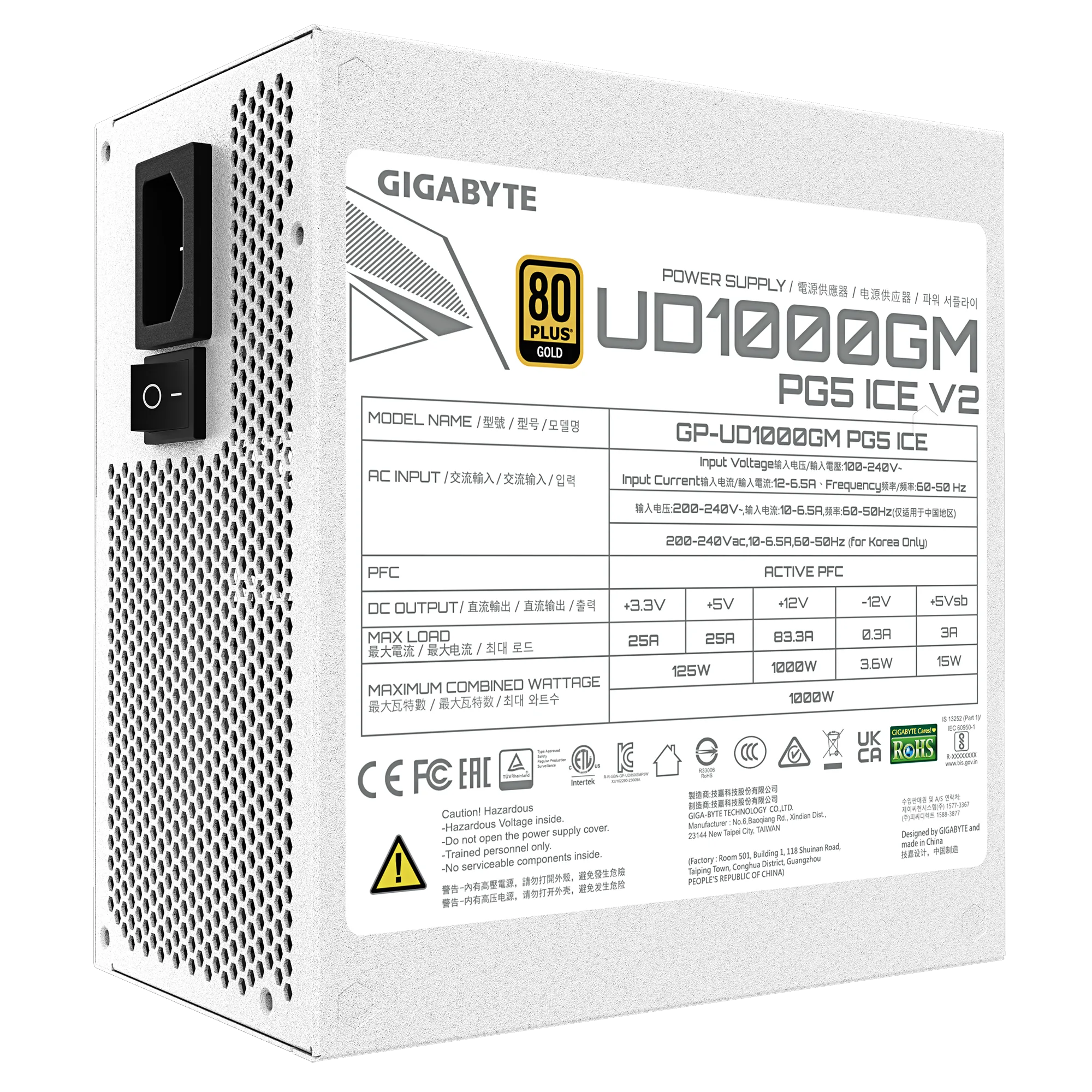 Fuente Certificada Gigabyte 1000W UD White ICE 80 Plus Gold Full Modular GP-UD1000GM PG5 ICE