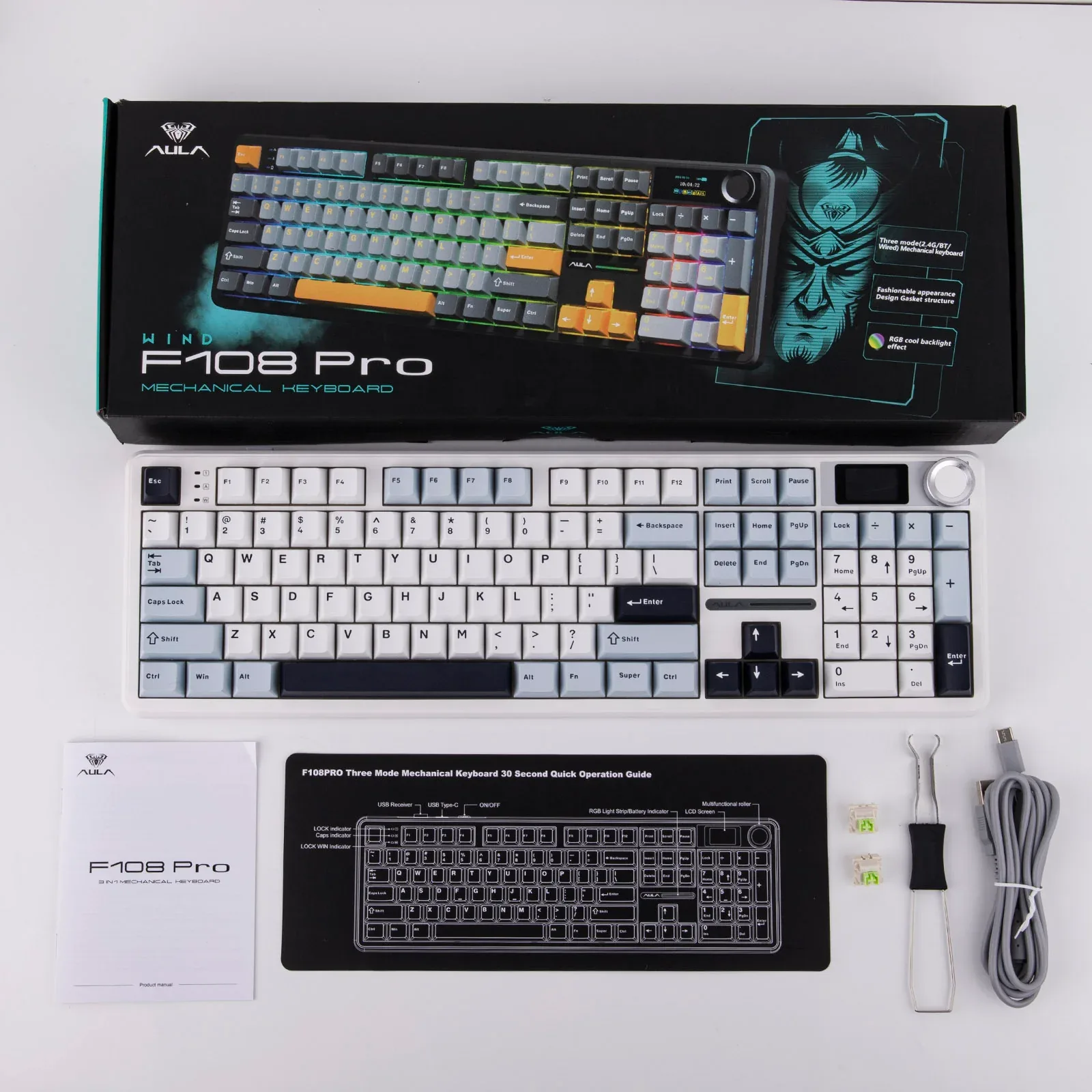 Perifericos Teclado Inalambrico Aula F108 Pro Light Blue + White + Black Purple Switch Reaper Gamer Mecanico BT