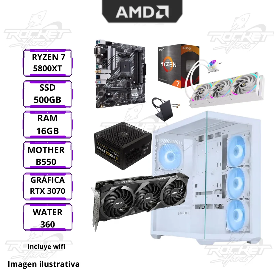 Rocket School 06 - Ryzen 7 5800xt - B550 - 16gb - 480gb - Water 360mm - Rtx 3070 - 750w - Gabinete Rgb