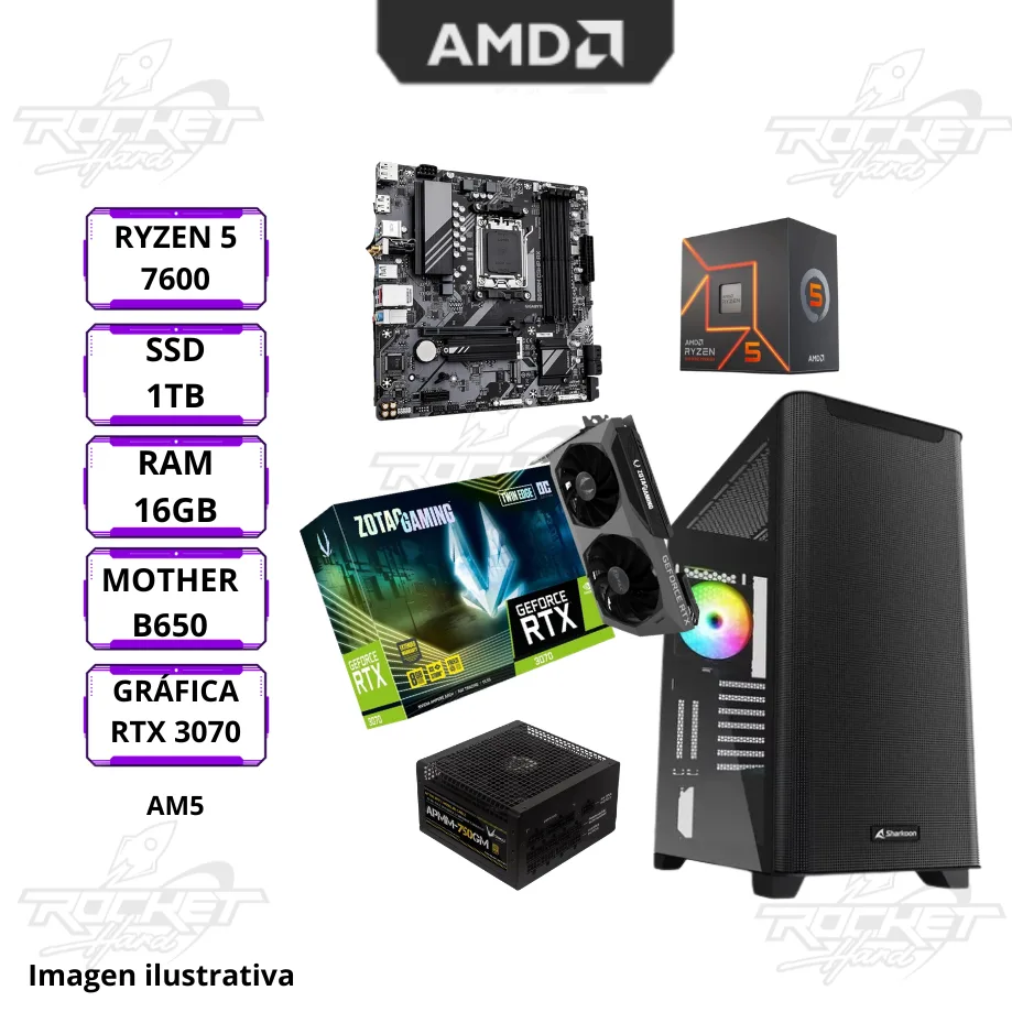 Pc Rocket Am5 Ryzen 5 7600 - 16gb Ram - 1tb Nvme - Rtx 3070