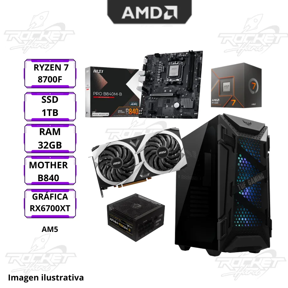 Pc Rocket Ryzen 7 8700f -6700xt  - 1tb - 32gb -  Am5