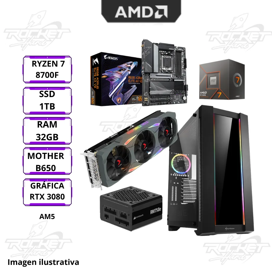 Rocket School 08 - Ryzen 7 8700f - B650 - 32gb - 1tb - Rtx 3080 - Gabinete Rgb - 750w