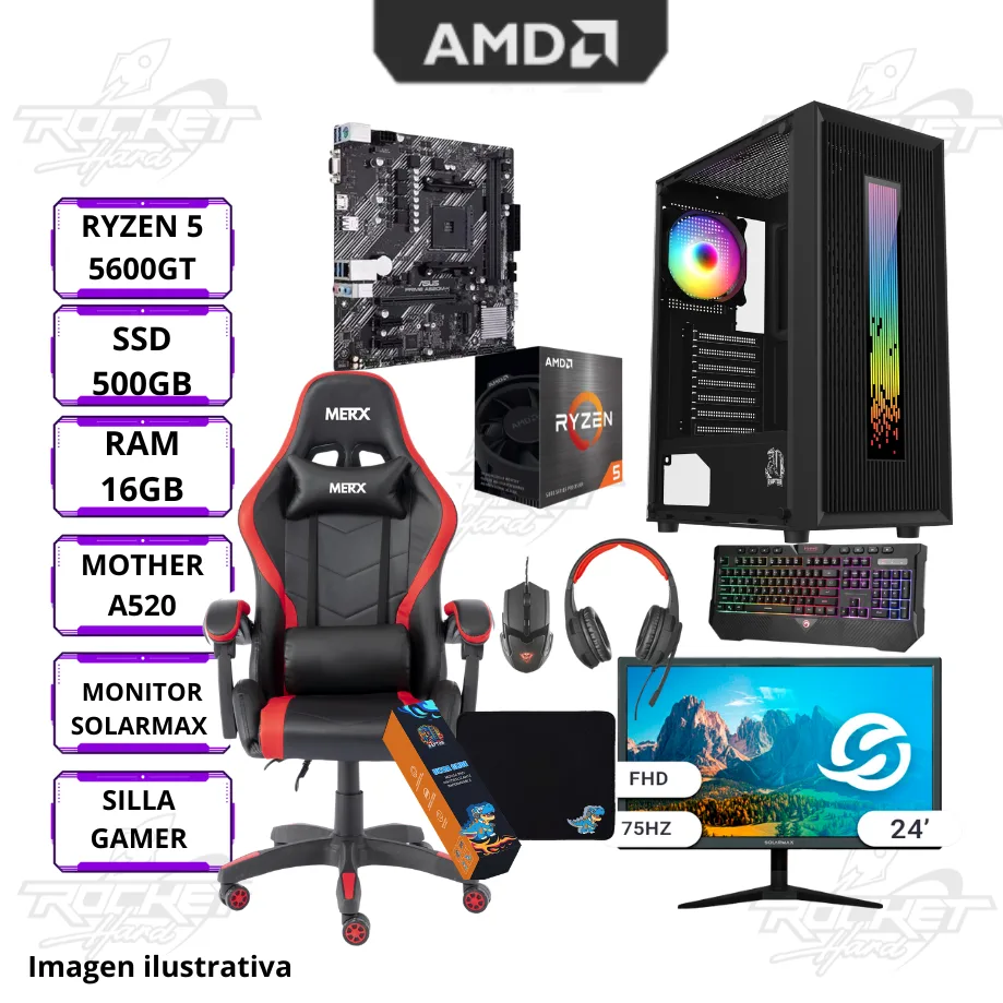 Rocket School 04 - Ryzen 5 5600gt - A520m-k - 16gb - 500gb - Gabinete Rgb - Perifericos - Monitor 75hz- Silla Gamer