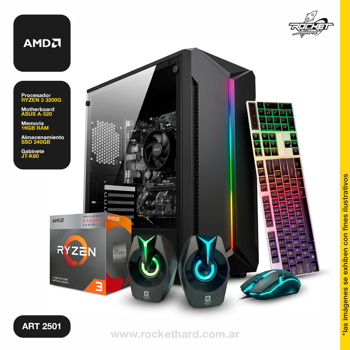 Pc Rocket Ryzen 3 3200g - 16gb Ram - 240gb - Kit Gabinete Rgb