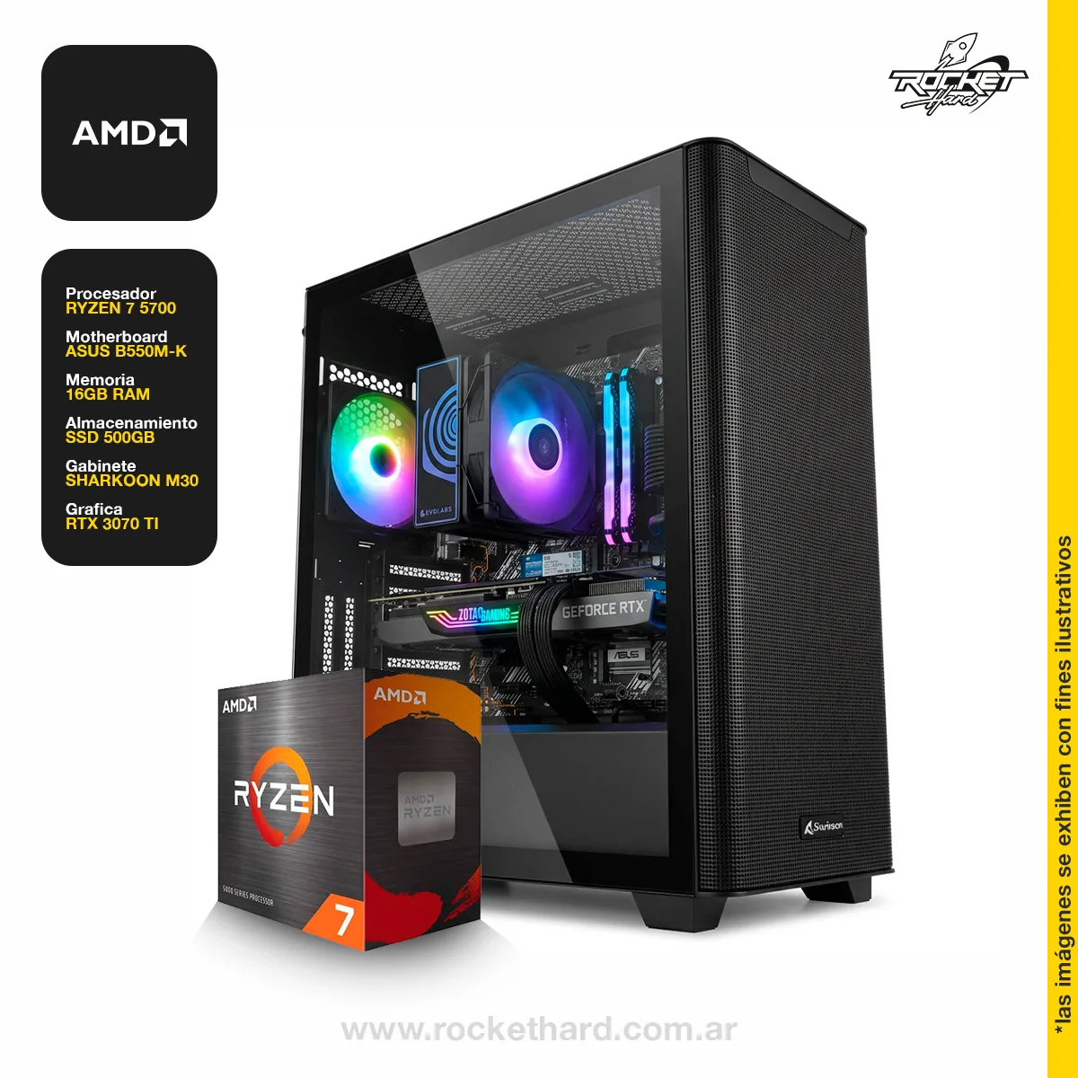 PC ROCKET AMD RYZEN 7 5700 - B550M - 16GB RAM - 500GB NVME - RTX 3070 - 750W PLATINUM