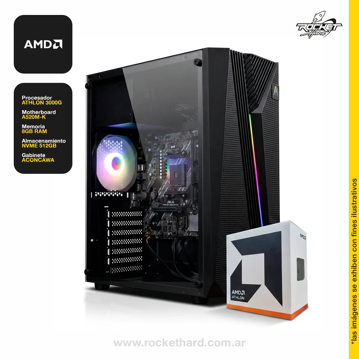 PC ROCKET ATHLON 3000G - 8GB - 512GB - 600W - GABINETE RGB