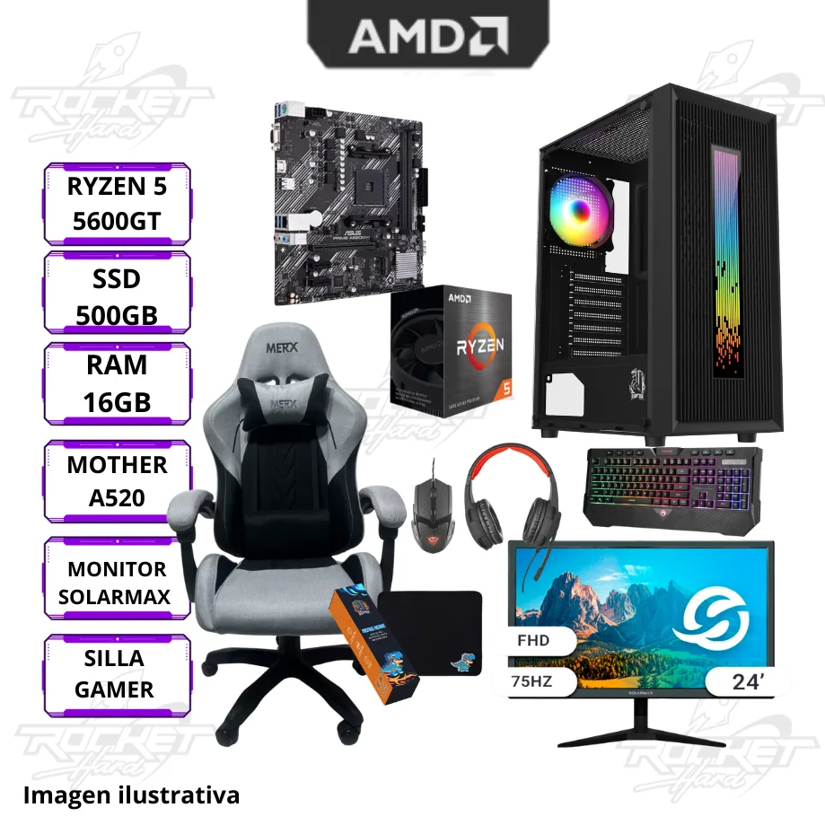 Rocket School 04 - Ryzen 5 5600gt - A520m-k - 16gb - 500gb - Gabinete Rgb - Perifericos - Monitor 75hz- Silla Gamer