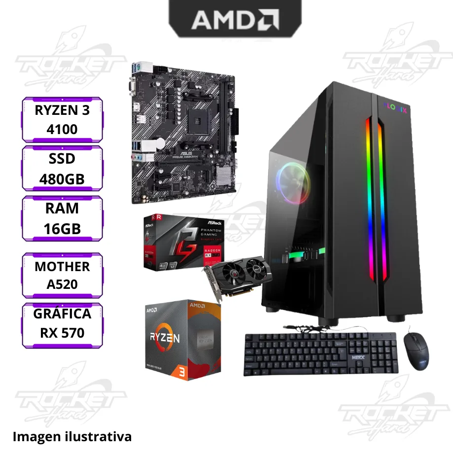 Rocket School 11 - Ryzen 3 4100 - A520m-a - 16gb - 500gb - Rx 570 - Gabinete Rgb - Perifericos