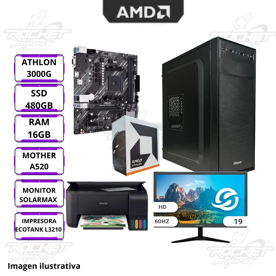 Rocket School 02 - Athlon 3000g - A520m-k - 16gb - 500gb - Gabinete Kit - Monitor - Impresora