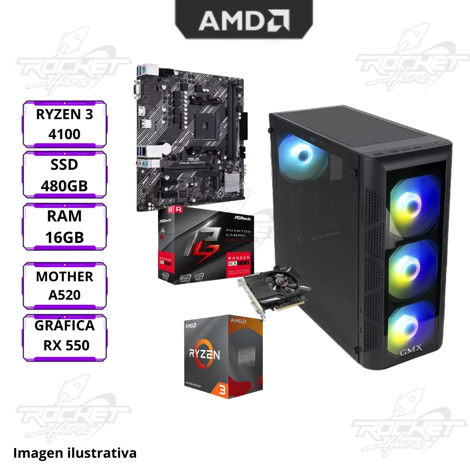 Pc Rocket Ryzen 3 4100 - 16gb - 480gb - Rx 550 - Gabinete Rbg