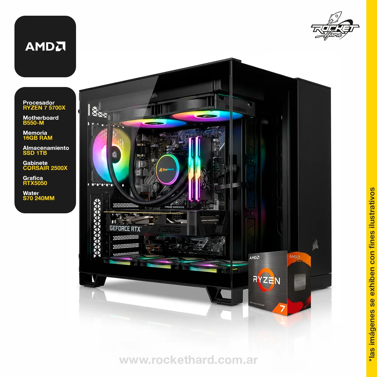 PC ROCKET RYZEN 7 5700X - 16GB - 1TB - RTX 5050 - WATER 240 - 750W - GABINETE RGB