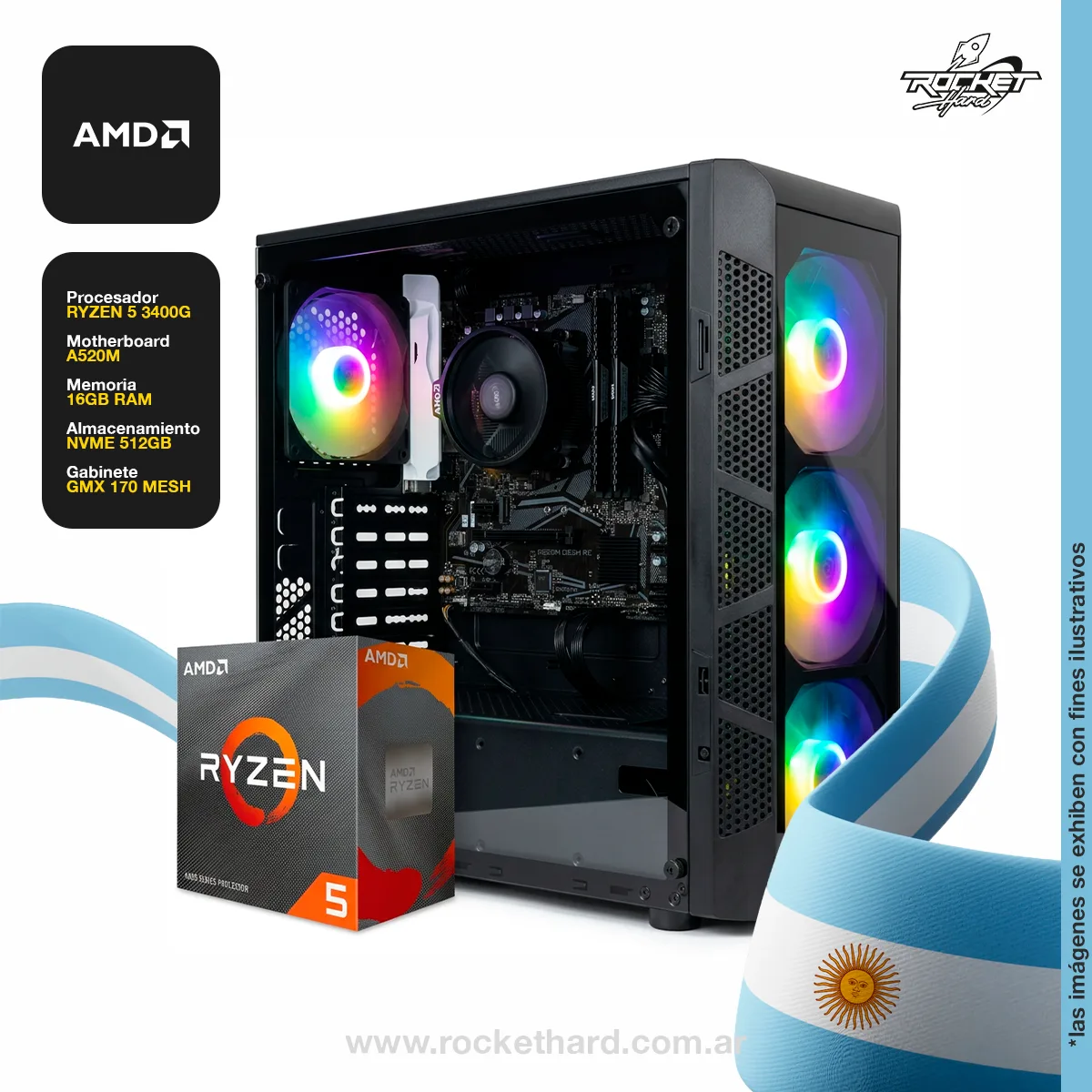 PC ROCKET AMD RYZEN 5 3400G - 8GB - SSD 512GB - WIFI - GABINETE RGB C/ FUENTE 600W