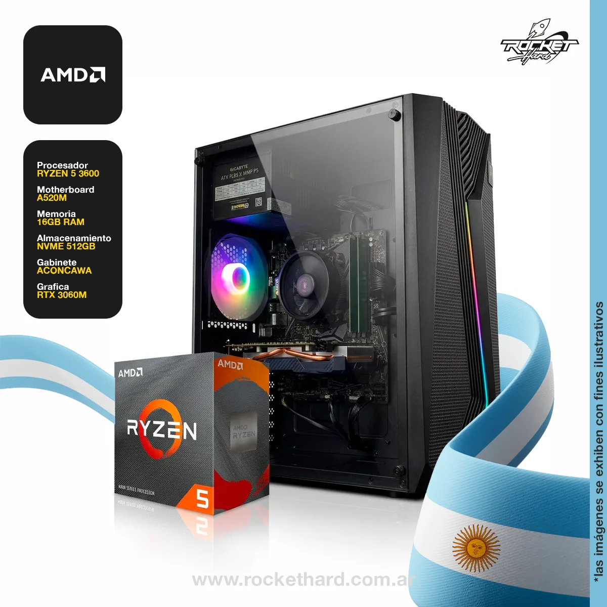 PC RYZEN 5 3600+A520+16GB+512GB NVME+600W 80+ RTX3060M 6GB