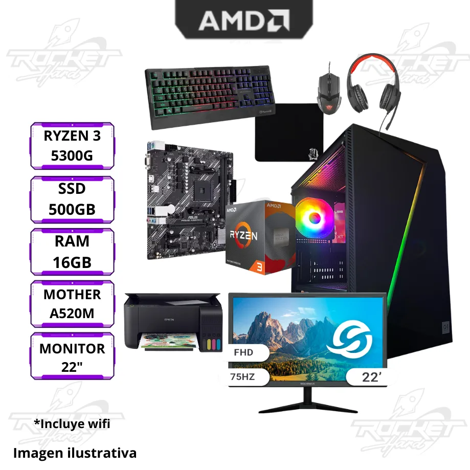 ROCKET SCHOOL 03 - RYZEN 3 5300G - A520M-K - 16GB - 500GB - GABINETE RGB - PERIFERICOS - IMPRESORA - MONITOR