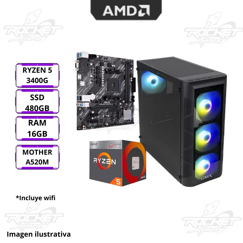 Pc Ryzen 5 3400g-16gb+480gb+gabinete Rgb+wifi