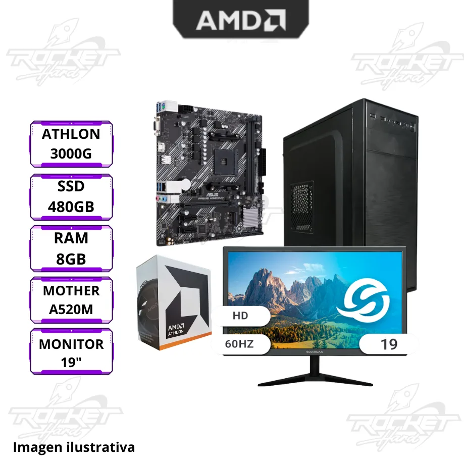 Rocket Oficina 01 - Athlon 3000g - A520 -  8gb - 500gb - Kit Gabinete - Monitor -