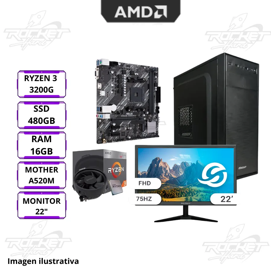 Pc Rocket - Ryzen 3 3200g - 16gb - 480gb - Kit Gabinete - Monitor