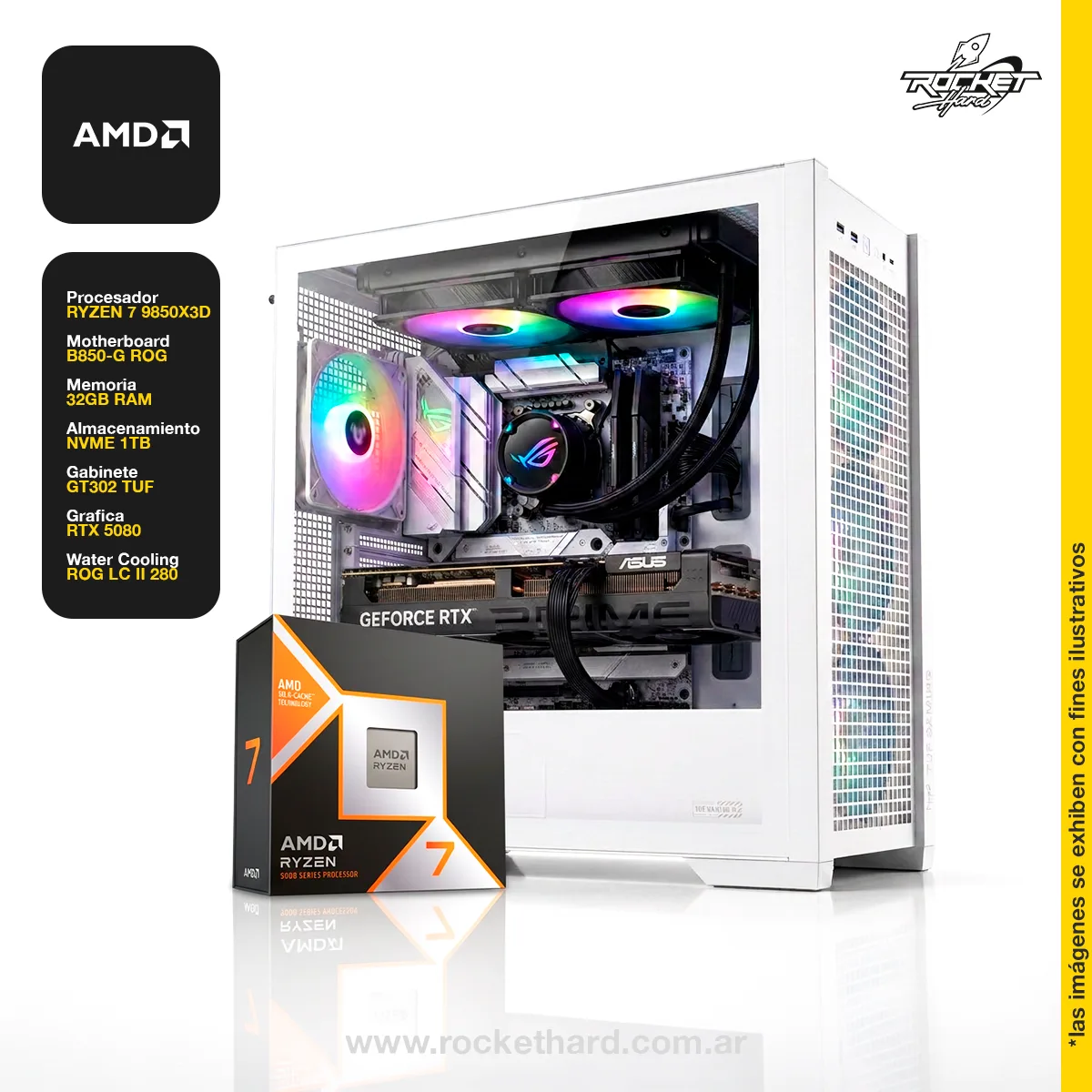 Pc Rocket Ryzen 7 9850x3d + 32gb + 1tb + Wifi + Rtx 5080 + Gabinete Rgb