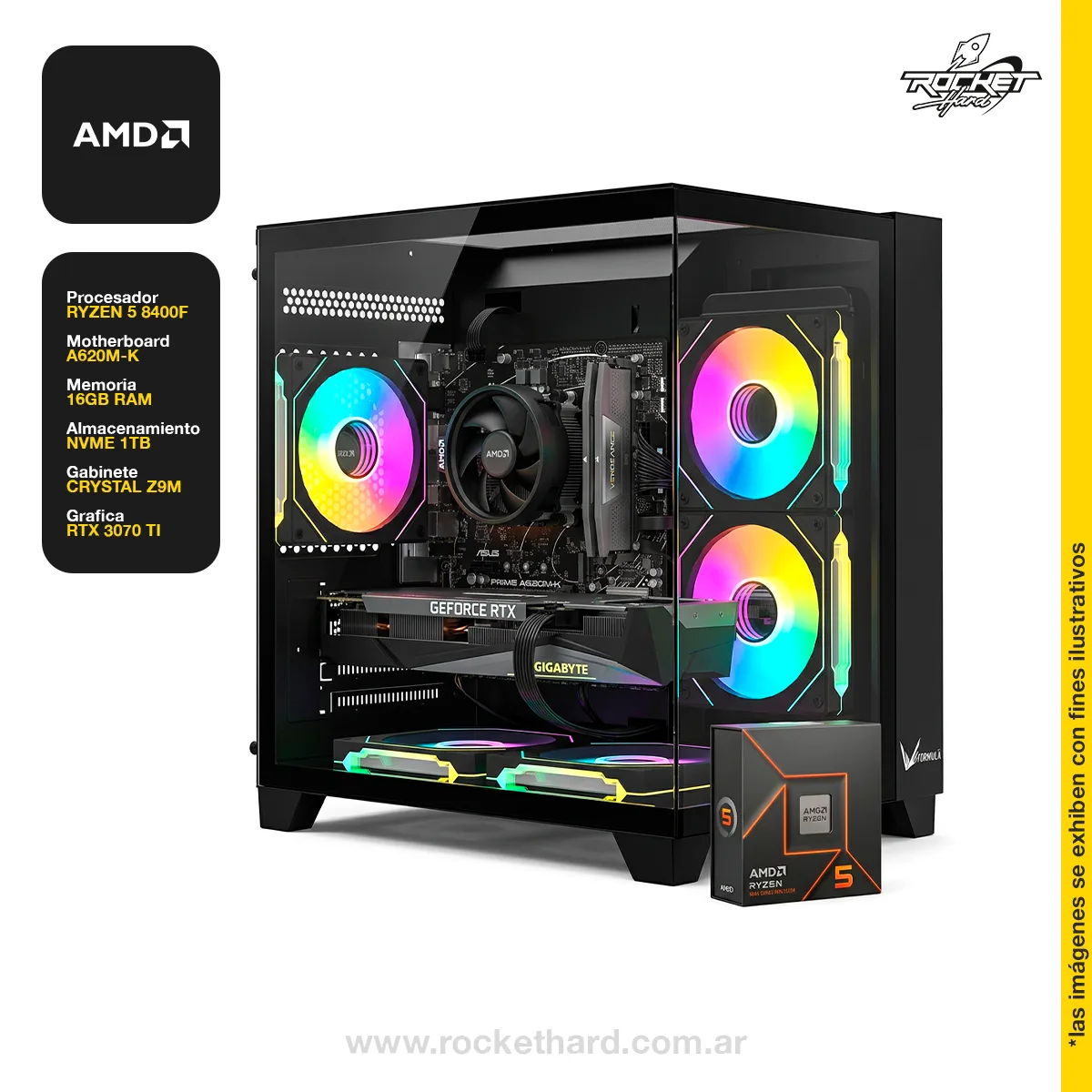 PC ROCKET RYZEN 5 8400F - 16GB - 1TB - RTX 3070 - 750W - GABINETE RGB