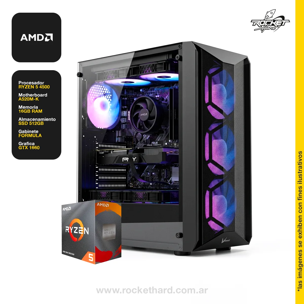 PC ROCKET RYZEN 5 4500 - 16GB - 512GB - 1660 - 600W - GABINETE RGB