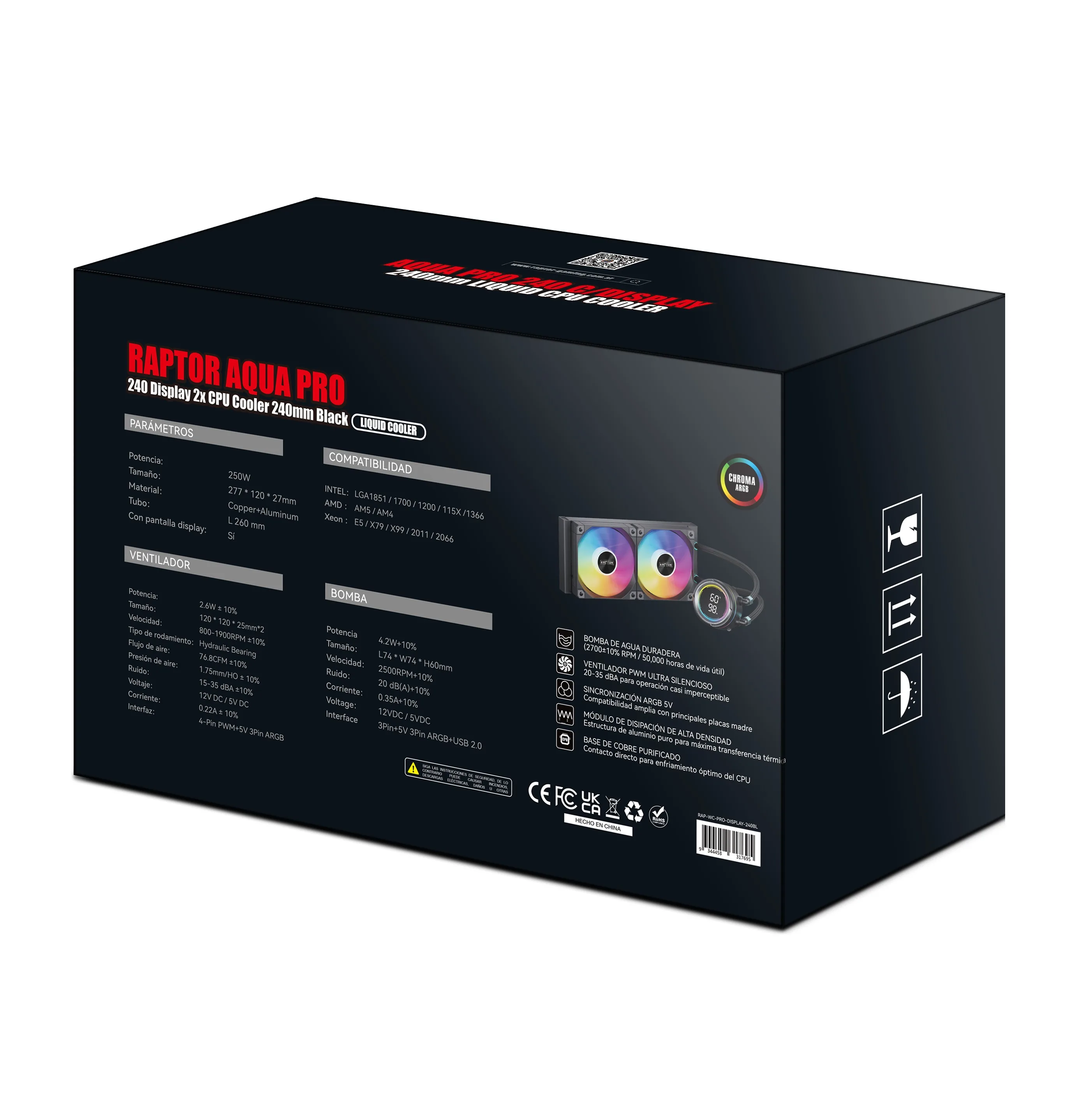 Water Cooling Raptor Aqua Pro 240 ARGB 2X Cpu Cooler 240Mm Negro display temperatura