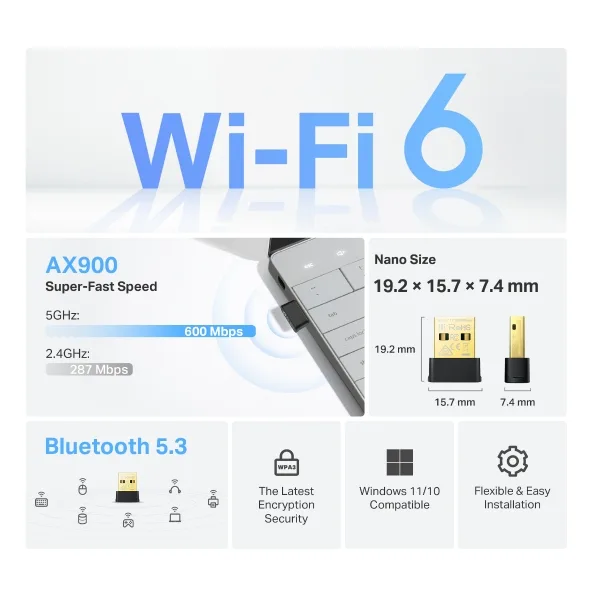Adaptador   Archer TX10UB Nano   Wi-Fi 6 Nano AX900, Bluetooth 5.3 USB