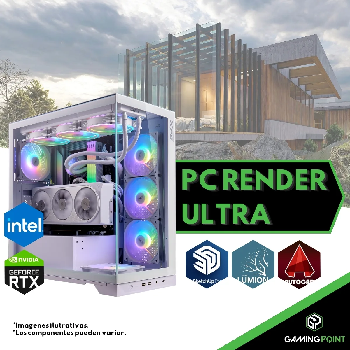 PC RENDER ULTRA RYZEN 9 9950X X870 64GB RAM 4TB M.2 RTX 5080 1000W WATER 360 GAB 7 FANS