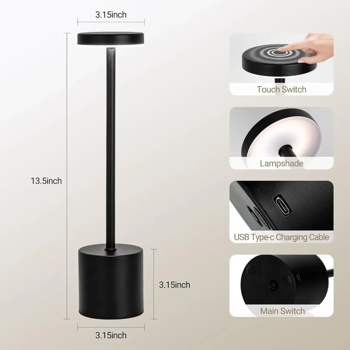 Lampara Velador Luz Moderna Metálica Touch Recargable Negro