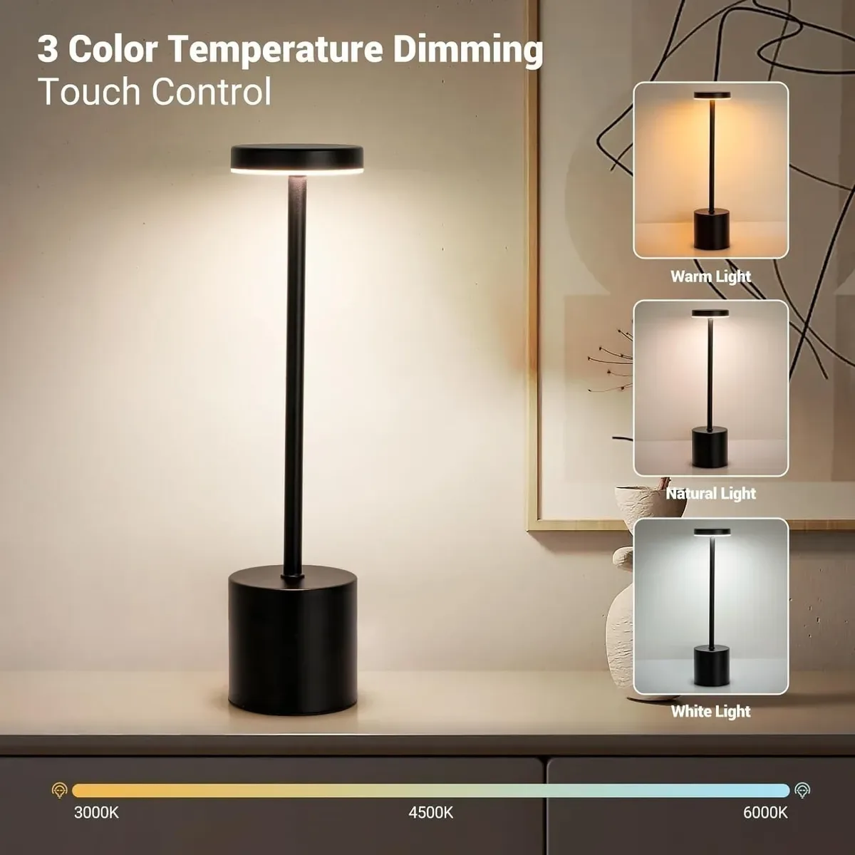 Lampara Velador Luz Moderna Metálica Touch Recargable Negro