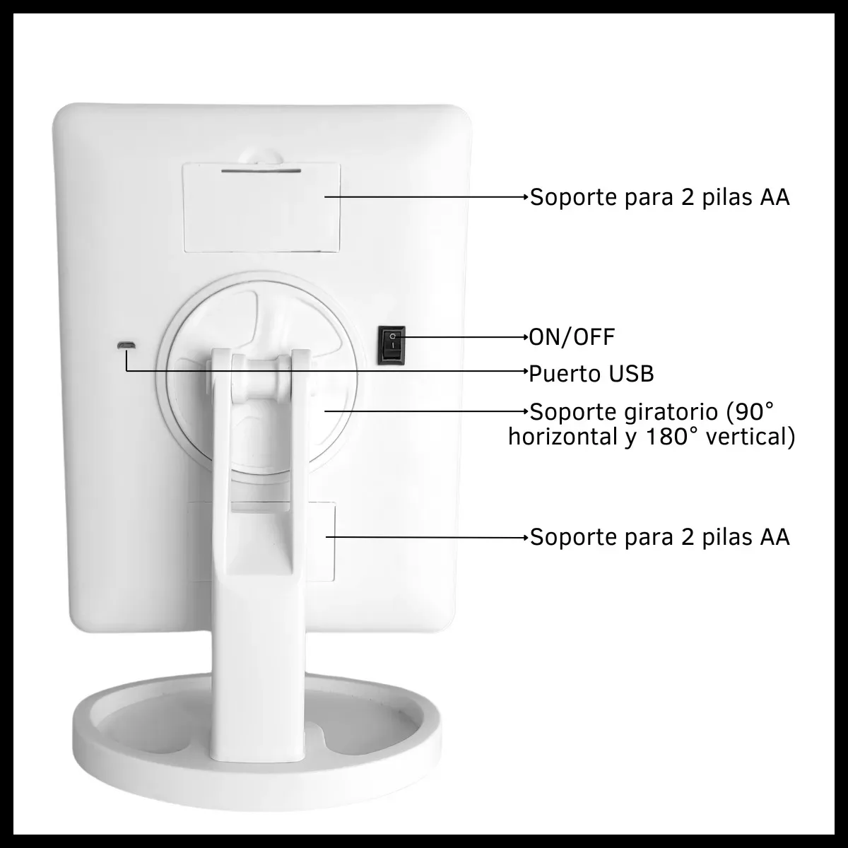 Espejo Maquillaje Led Frío Touch Giratorio Rectangular