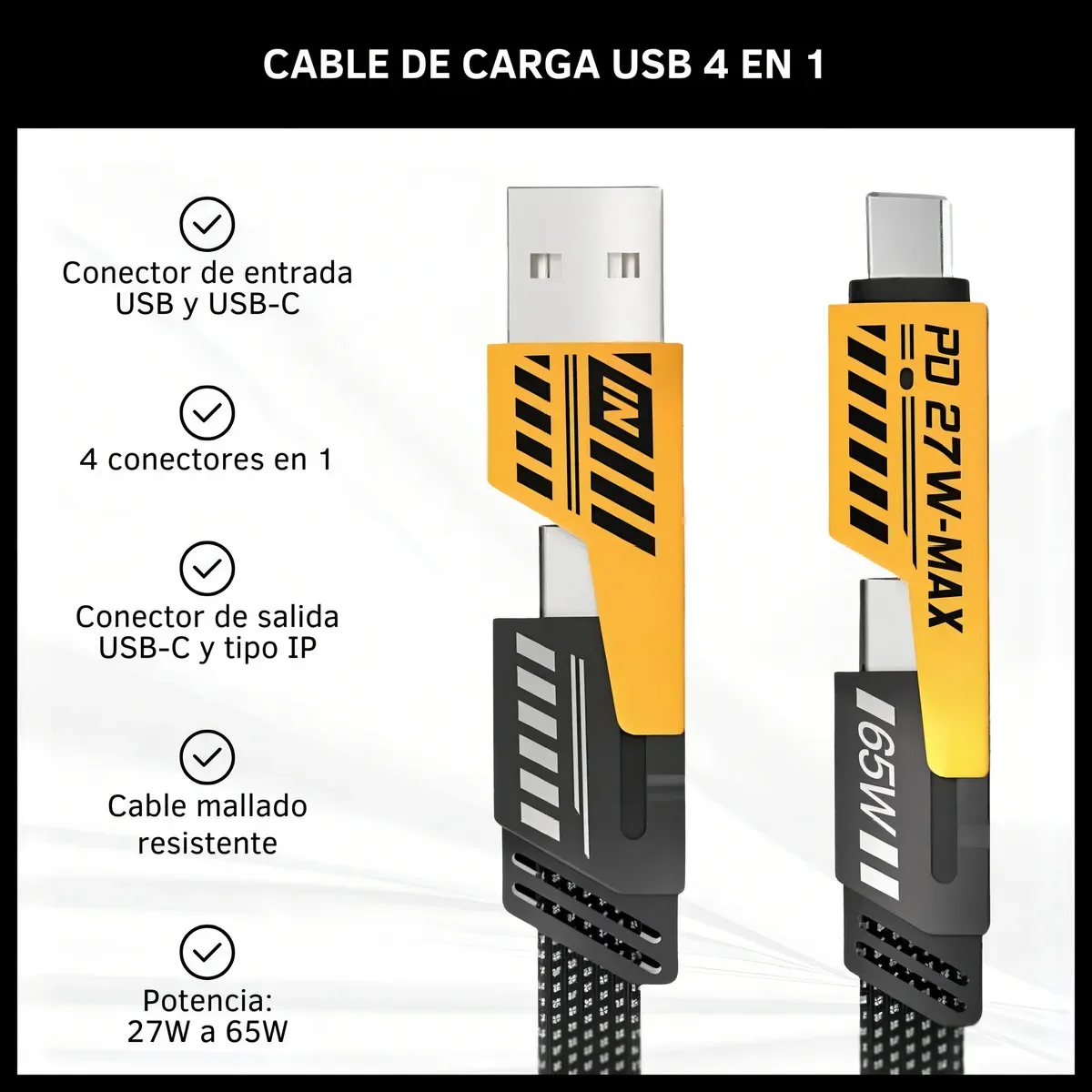 Cable USB Tipo C para Iphone Android 65w Usb A y C 4 en 1 tipo IP nylon carga rápida