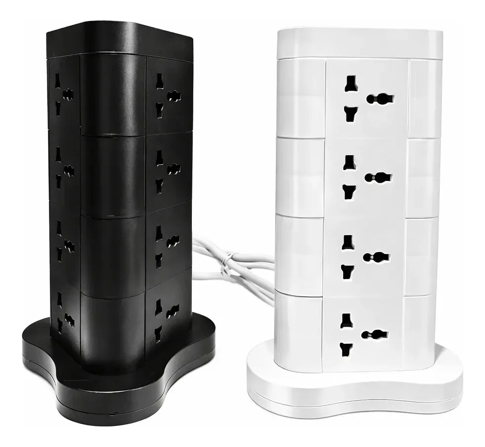 Alargue Zapatilla Torre 12 Toma Universal 220v + 2 Usb + 1 Tipo C Prolongador Vertical 2500w Negro y Blanco