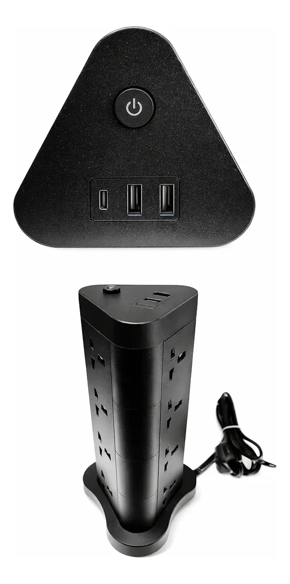Alargue Zapatilla Torre 12 Toma Universal 220v + 2 Usb + 1 Tipo C Prolongador Vertical 2500w Negro y Blanco
